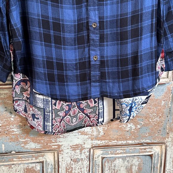 BD Collection Womens L Blue Plaid & Floral Scarf Back Blouse Collar Button - Picture 5 of 11